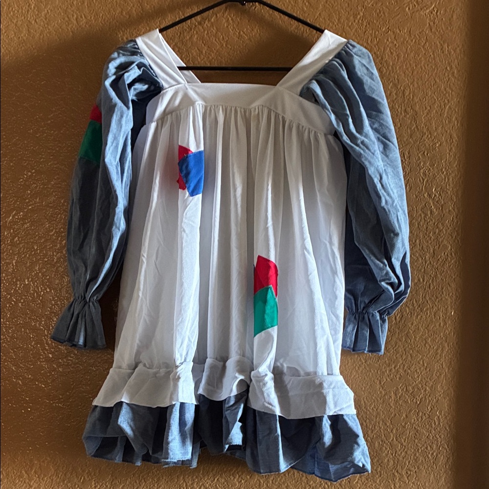Kids. White & Blue Ruffled Peasant Blouse with Color Block Accents